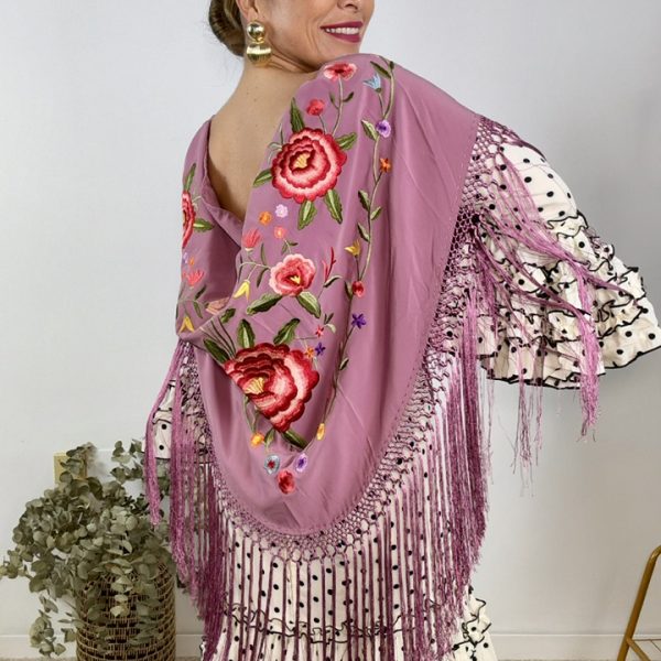 Mantón Esencia bordado rosa empolvado