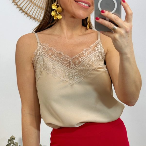 Top lencero doble encaje beige