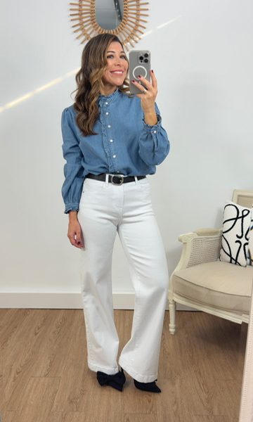 Jeans denim recto blanco cinturón