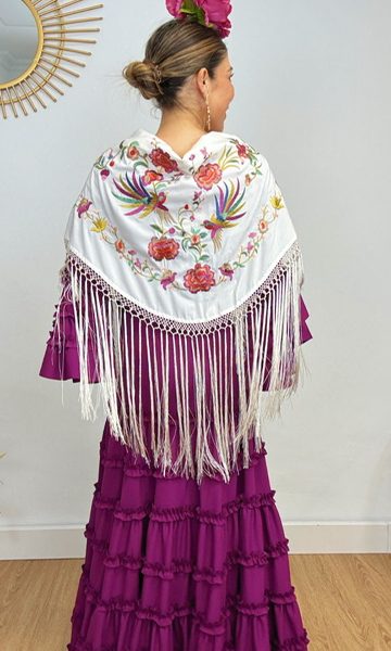 Mantón Blanco Roto Bordado Pájaros