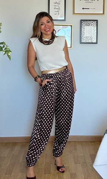 Pantalón Bombacho Satinado Lunares Marrón