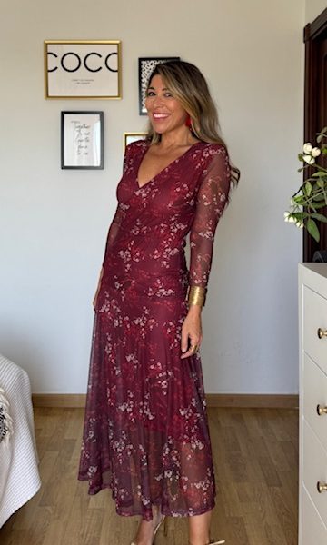 Vestido Tul estampado Caroll Burdeos