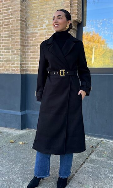 Abrigo Cinturón Hebilla Paño Negro
