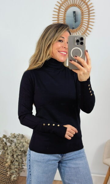 Jersey Cuello Cisne Botones Negro
