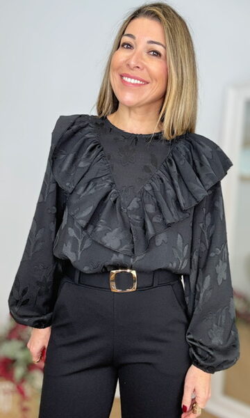 Blusa Brocada Volante Negra