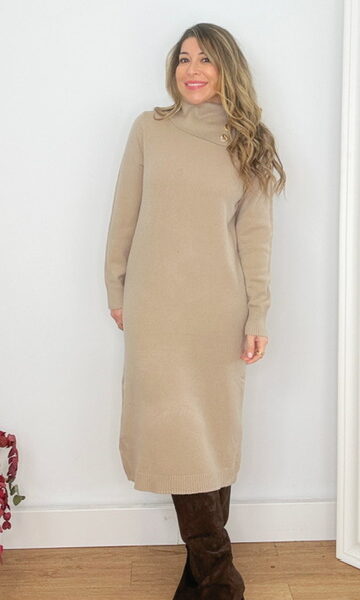 Vestido Punto Cuello Botones Topo