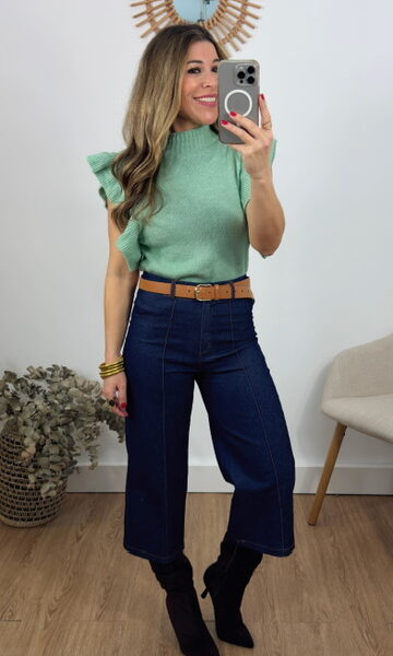 Pantalón denim culotte ribete