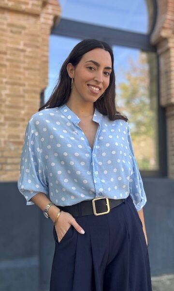 Blusa Lunares Mangas Abullonadas Celeste