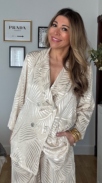 Traje De Chaqueta Satinado Brocado Hojas Beige