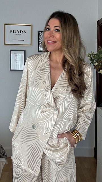 Traje De Chaqueta Satinado Brocado Hojas Beige - Imagen 3