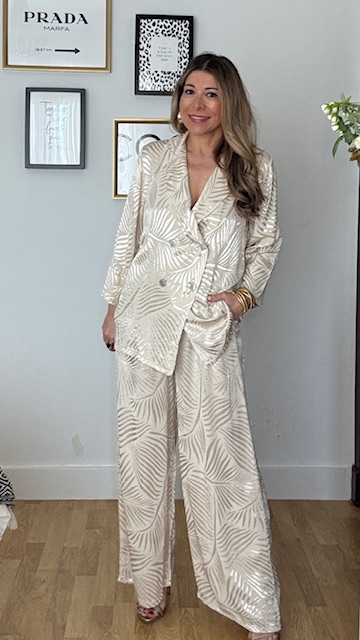 Traje De Chaqueta Satinado Brocado Hojas Beige - Imagen 12