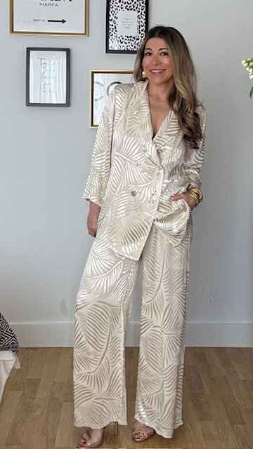 Traje De Chaqueta Satinado Brocado Hojas Beige - Imagen 4