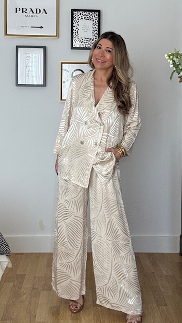 Traje De Chaqueta Satinado Brocado Hojas Beige - Imagen 7