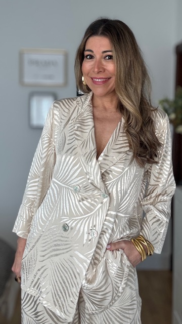 Traje De Chaqueta Satinado Brocado Hojas Beige - Imagen 6