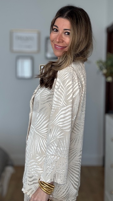 Traje De Chaqueta Satinado Brocado Hojas Beige - Imagen 11