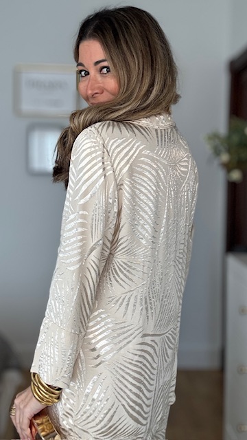 Traje De Chaqueta Satinado Brocado Hojas Beige - Imagen 5