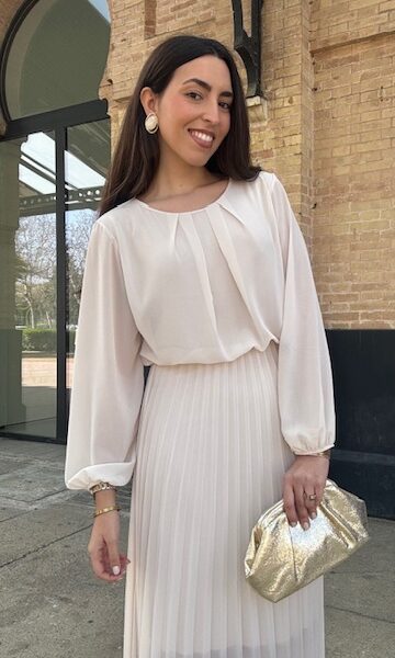 Vestido Plisado Gasa Marlen Beige