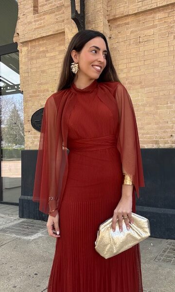 Vestido Tul Plisado Capa Teja