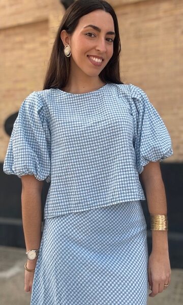 Blusa Vichy Manga Abullonada Azul