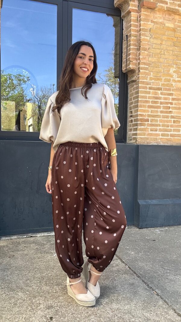 Pantalón Bombacho Satén Lunares Marrón