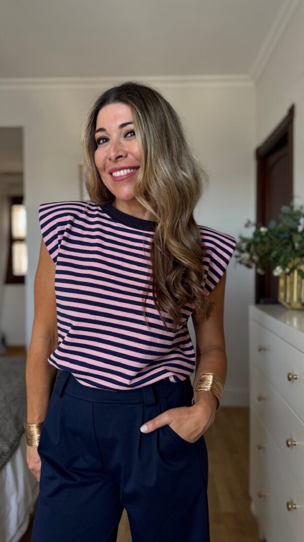 Camiseta Hombreras Rayas Azul Marino Rosa