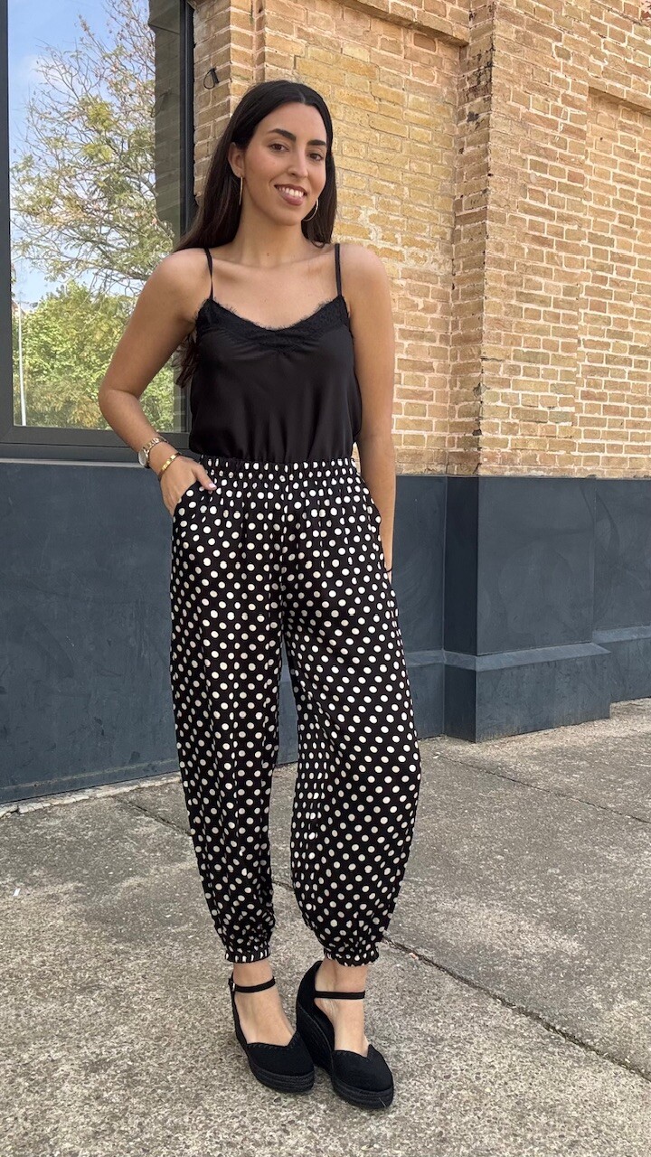 Pantalón Bombacho Satén Lunares Negro - Imagen 5