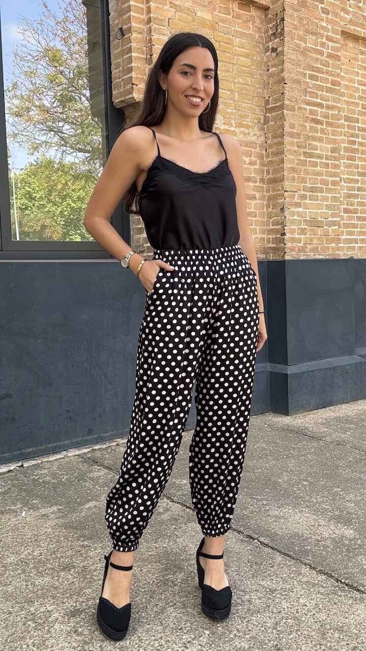Pantalón Bombacho Satén Lunares Negro