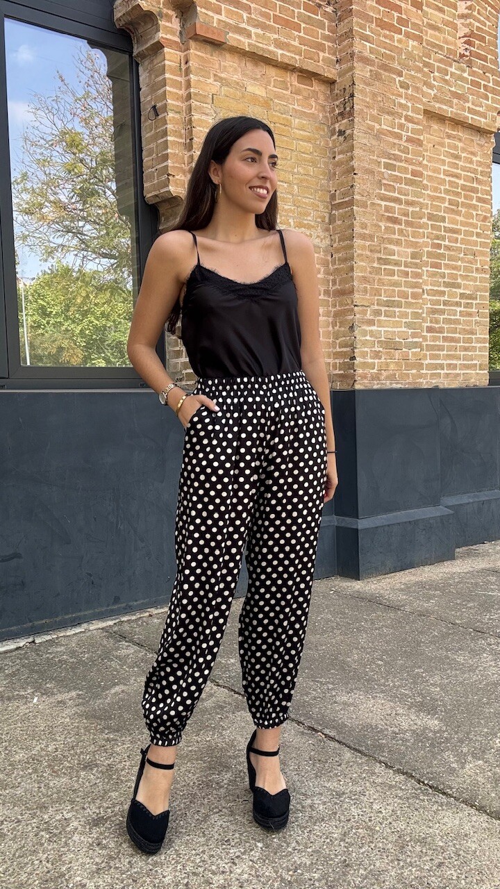 Pantalón Bombacho Satén Lunares Negro - Imagen 9