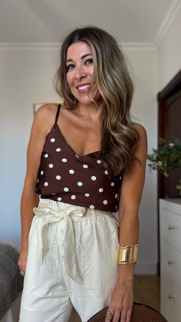 Top Satén Marrón Lunares Blancos