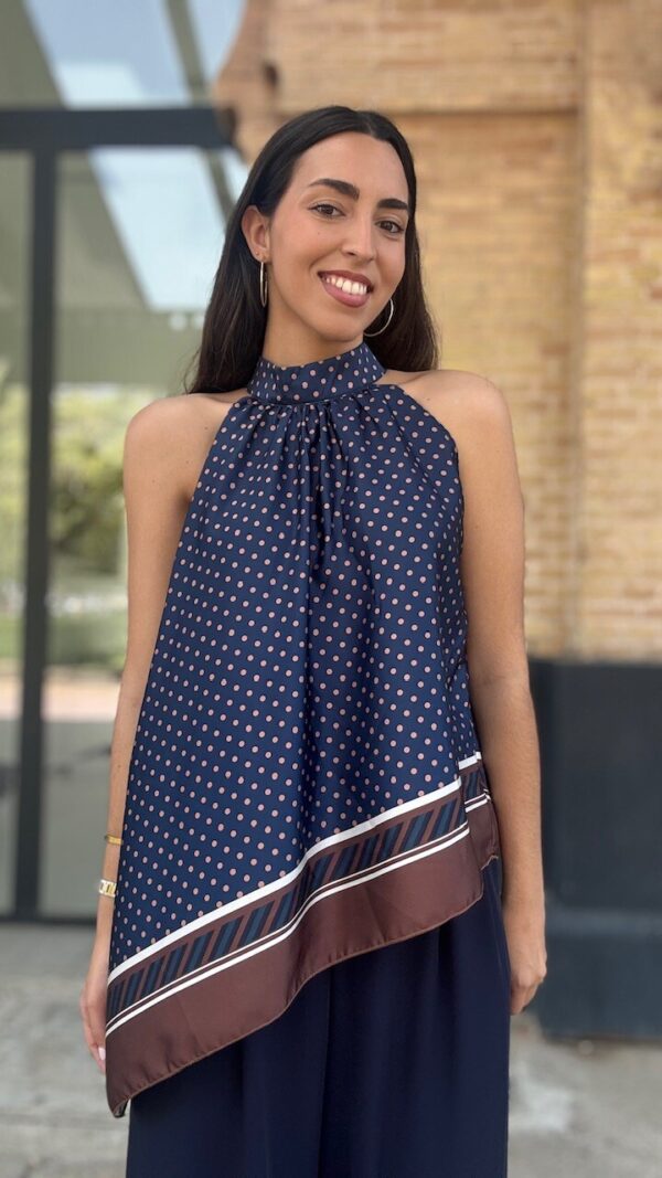 Top Satinado Asimétrico Lunares Azul Marino