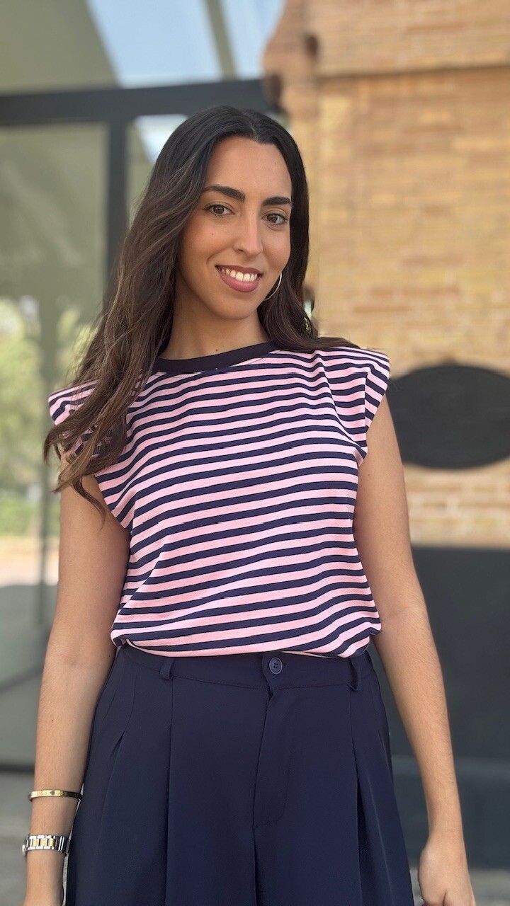 Camiseta Hombreras Rayas Azul Marino Rosa - Imagen 5