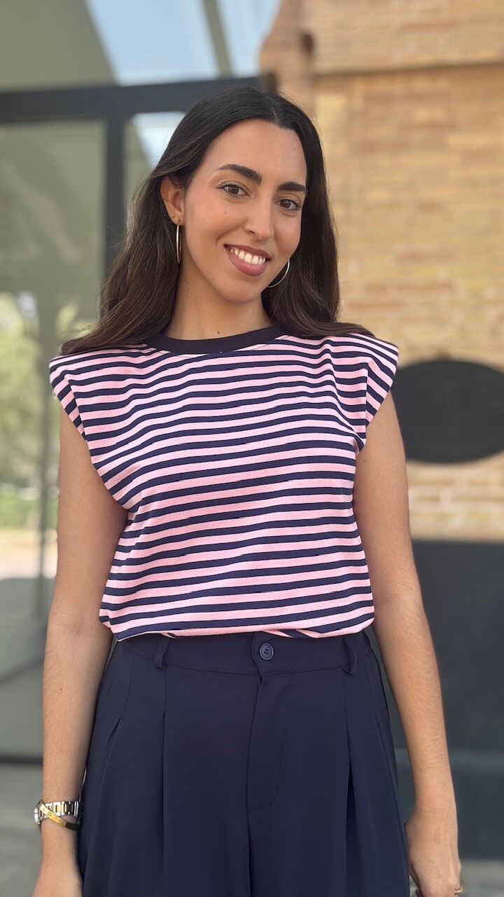 Camiseta Hombreras Rayas Azul Marino Rosa - Imagen 6