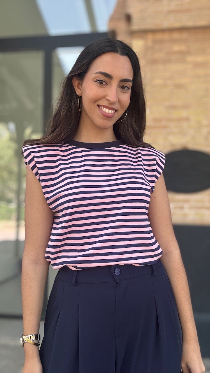 Camiseta Hombreras Rayas Azul Marino Rosa - Imagen 7