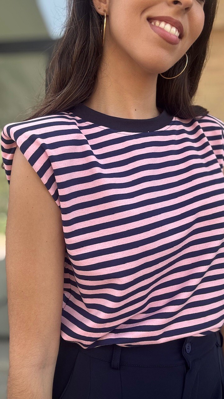 Camiseta Hombreras Rayas Azul Marino Rosa - Imagen 2