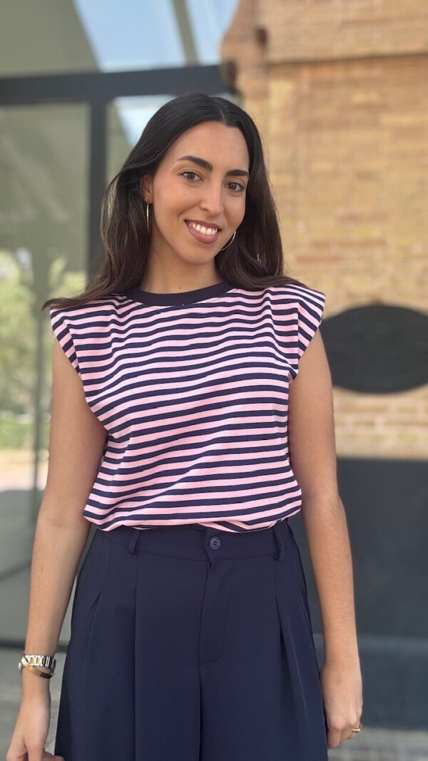 Camiseta Hombreras Rayas Azul Marino Rosa