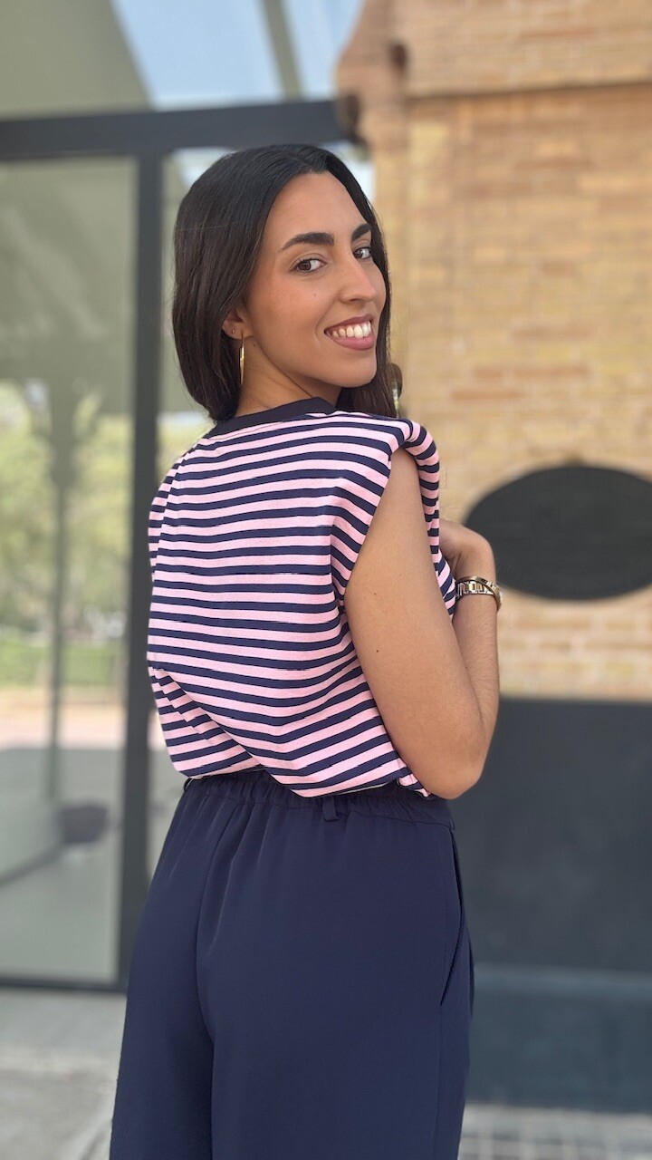 Camiseta Hombreras Rayas Azul Marino Rosa - Imagen 8