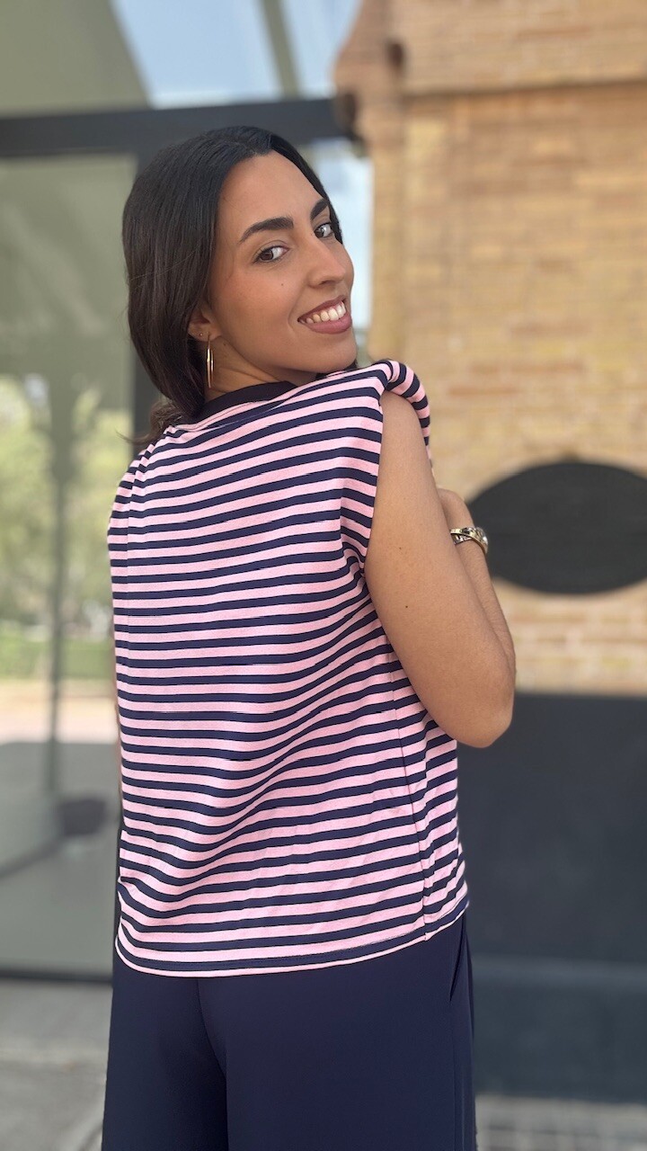 Camiseta Hombreras Rayas Azul Marino Rosa - Imagen 15