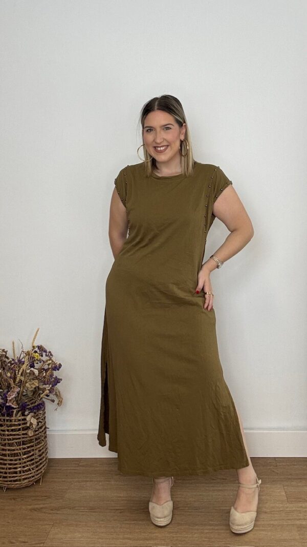 Vestido Algodón Tachuelas Verde Oliva