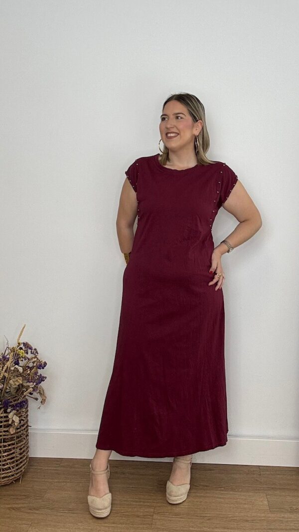 Vestido Algodón Tachuelas Burdeos