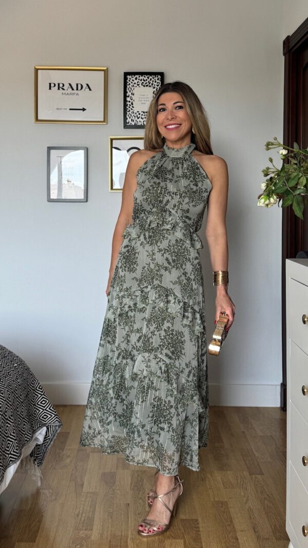Vestido Camelia Gasa Estampado Verde Caza