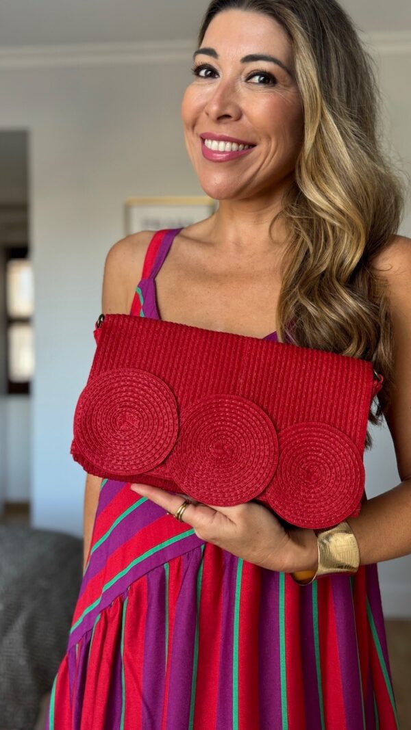 Bolso Cartera Rafia Círculos Rojo