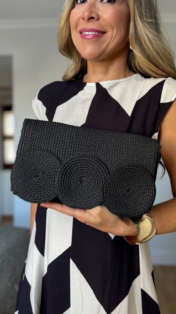 Bolso Cartera Rafia Círculos Negro