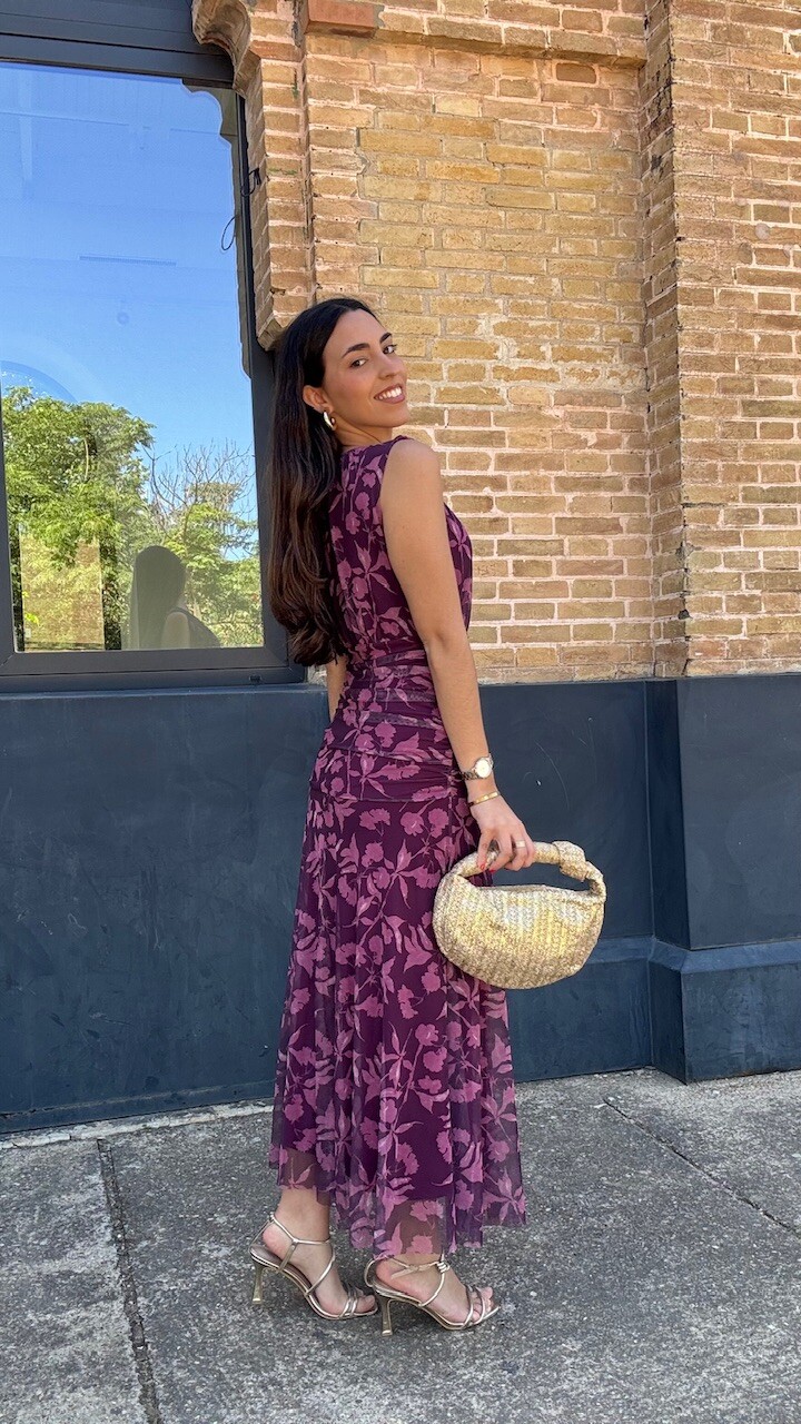 Vestido Tul Estampado Berenjena Rosa - Imagen 2