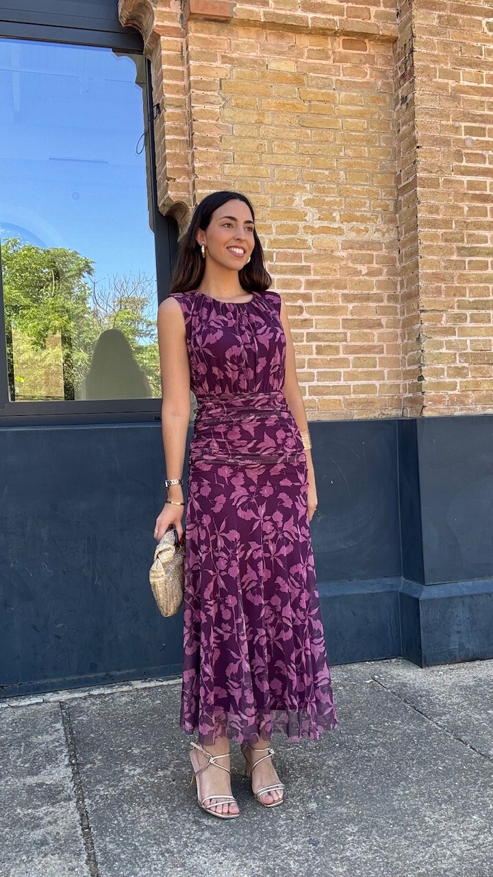 Vestido Tul Estampado Berenjena Rosa