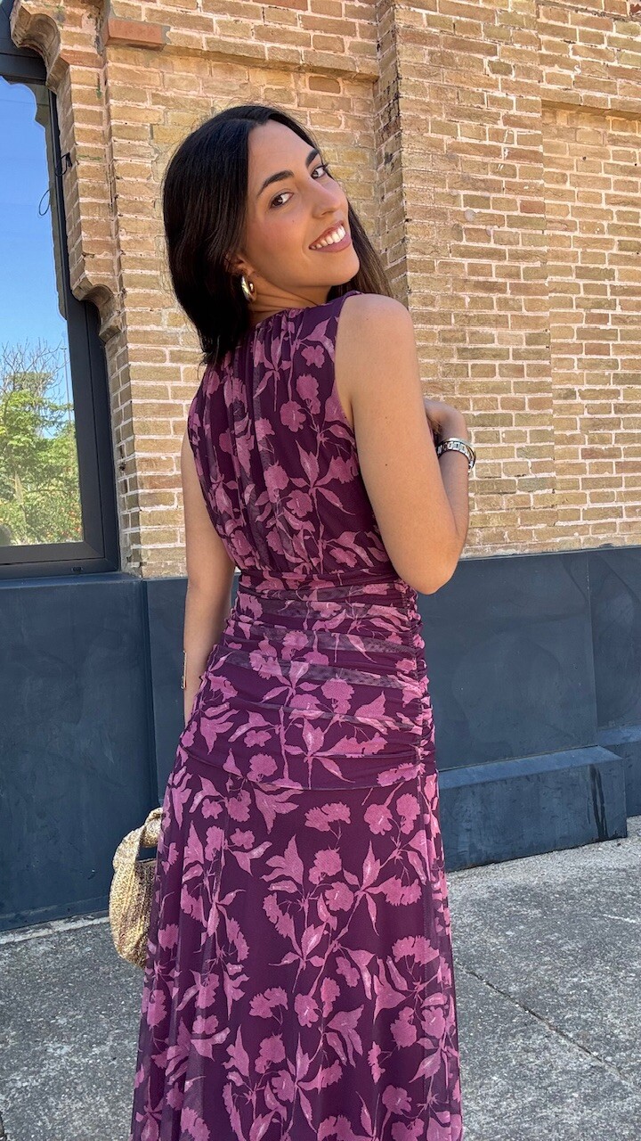 Vestido Tul Estampado Berenjena Rosa - Imagen 7