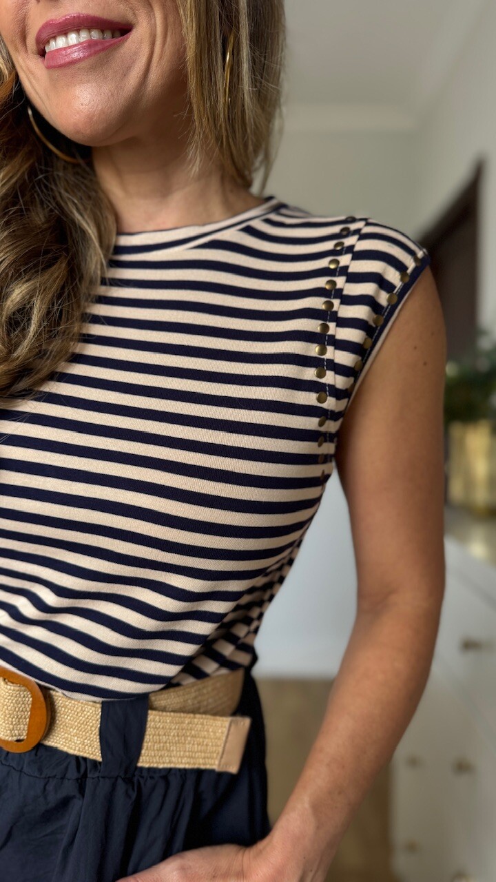 Camiseta Tachas Rayas Azul Marino Beige - Imagen 3