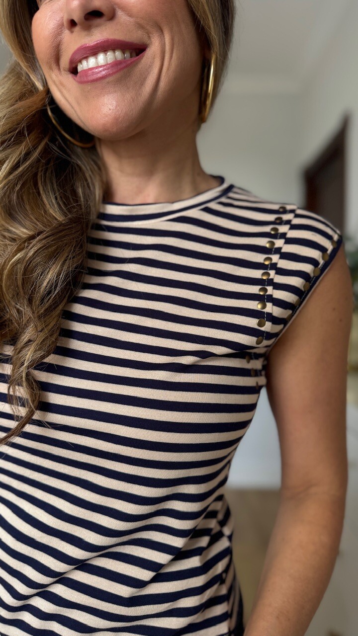 Camiseta Tachas Rayas Azul Marino Beige - Imagen 7