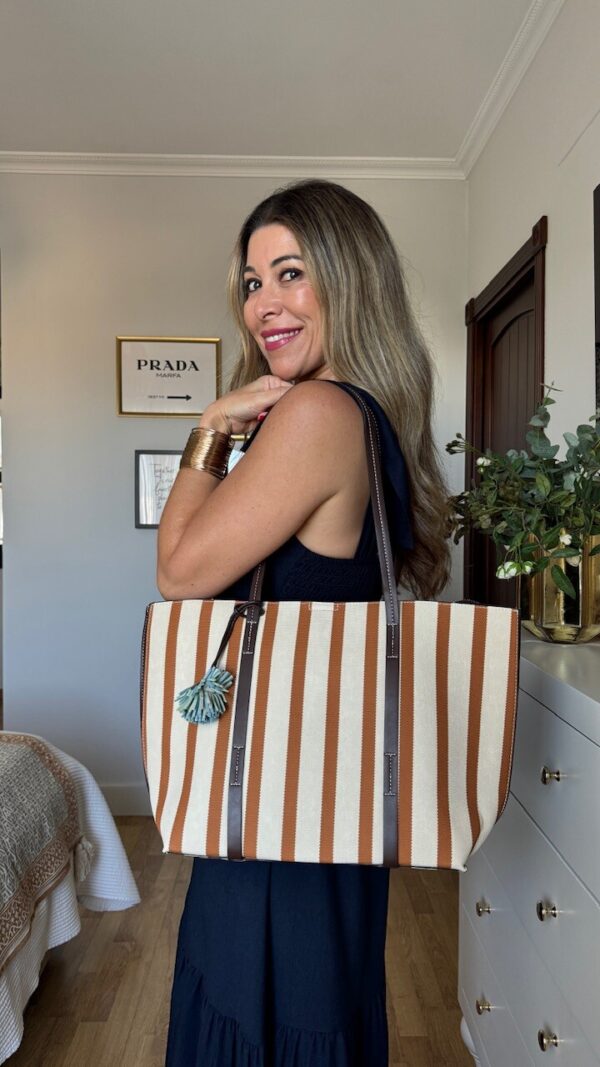 Bolso Shopping Rayas Engomado Camel