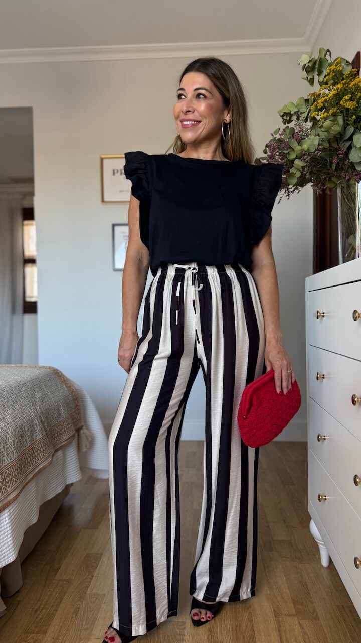 Pantalón Fluido Rayas Blanco Negro - Imagen 4