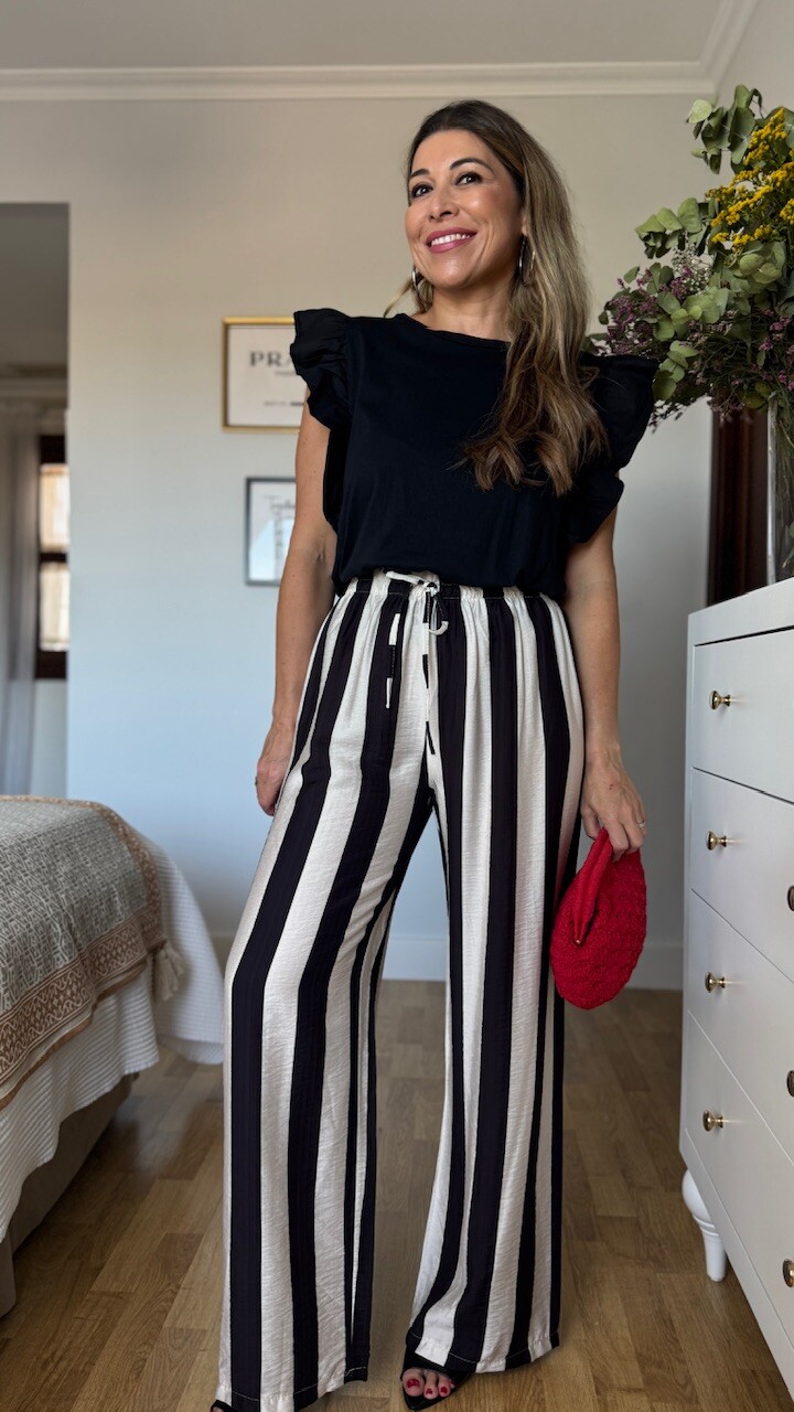 Pantalón Fluido Rayas Blanco Negro - Imagen 2
